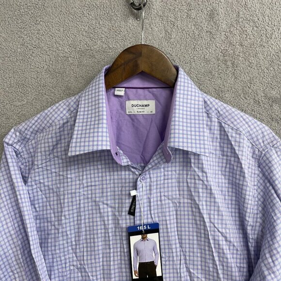 NEW Duchamp Men's 16.5 L Slim Fit Long Sleeve Shirt Checkered Pattern Stretch - Picture 8 of 9